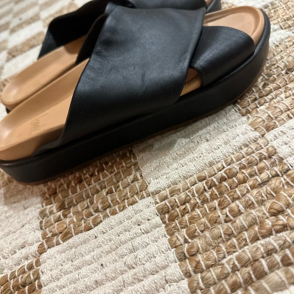 beek Black Leather Crossband Slide Sandals with Tan Footbed